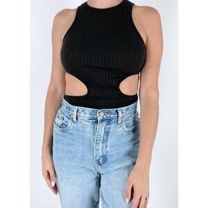 Women's Black Ribbed Jewel Neckline Cut Out Top Size Small
